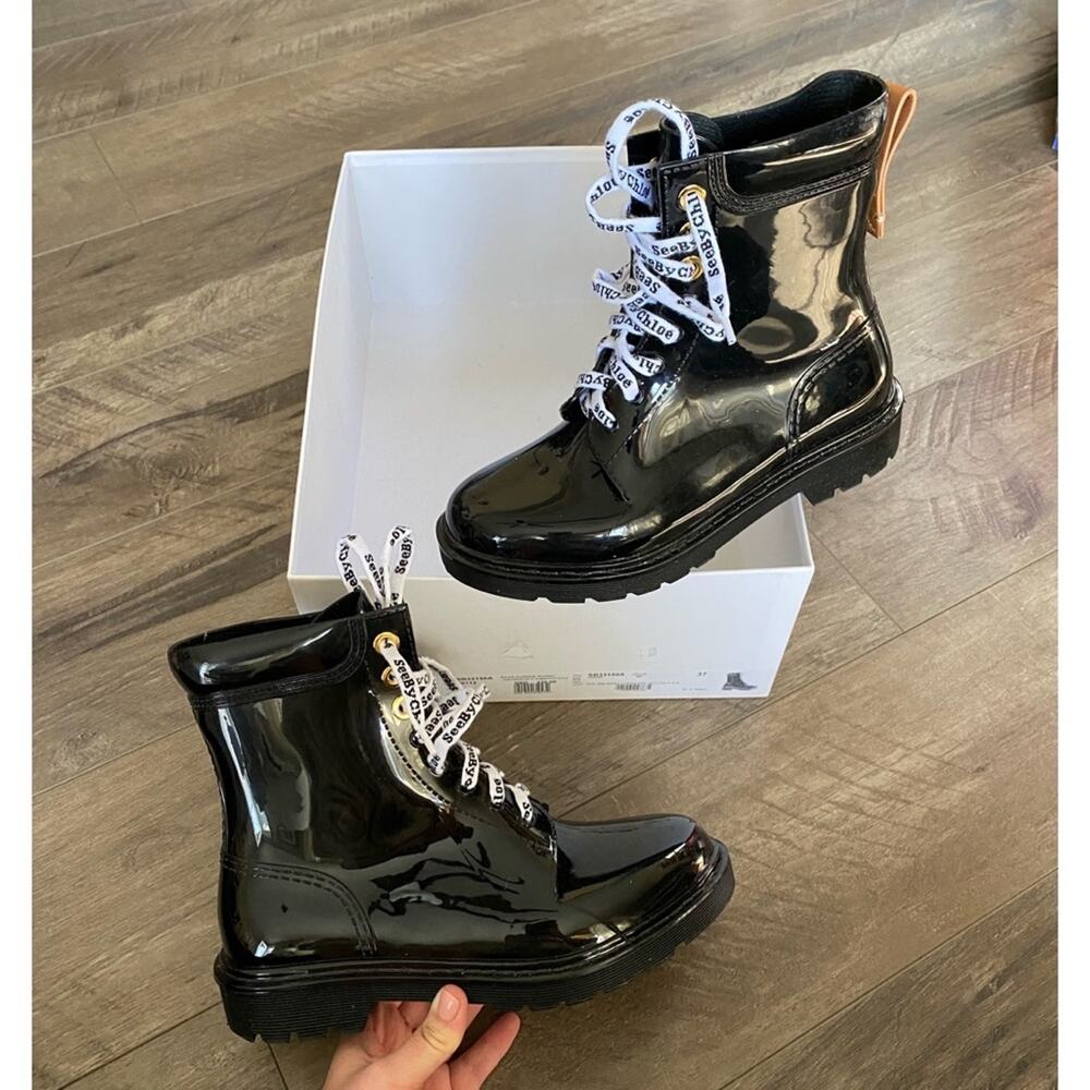See by Chloe Florrie Rain Boots black 37 logo lace combat style